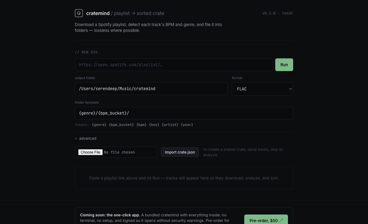 cratemind's setup screen: output folder, the {genre}/{bpm_bucket} folder template with its tokens, and the Import crate.json control